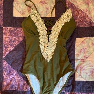 Olive green with lace one piece swim suit
